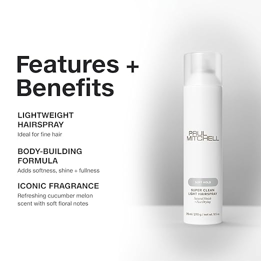 Paul Mitchell Super Clean Light Hairspray, Fast Drying, Soft Hold + Natural Finish, For Fine Hair, 9.5 oz