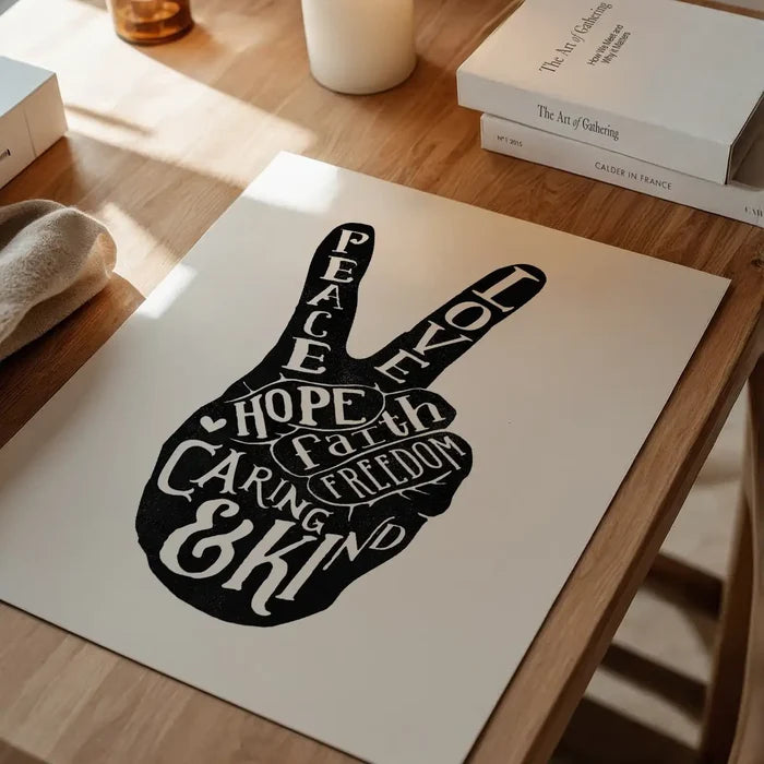 Peace Fingers Typography Print, quote print unframed on a home office desk