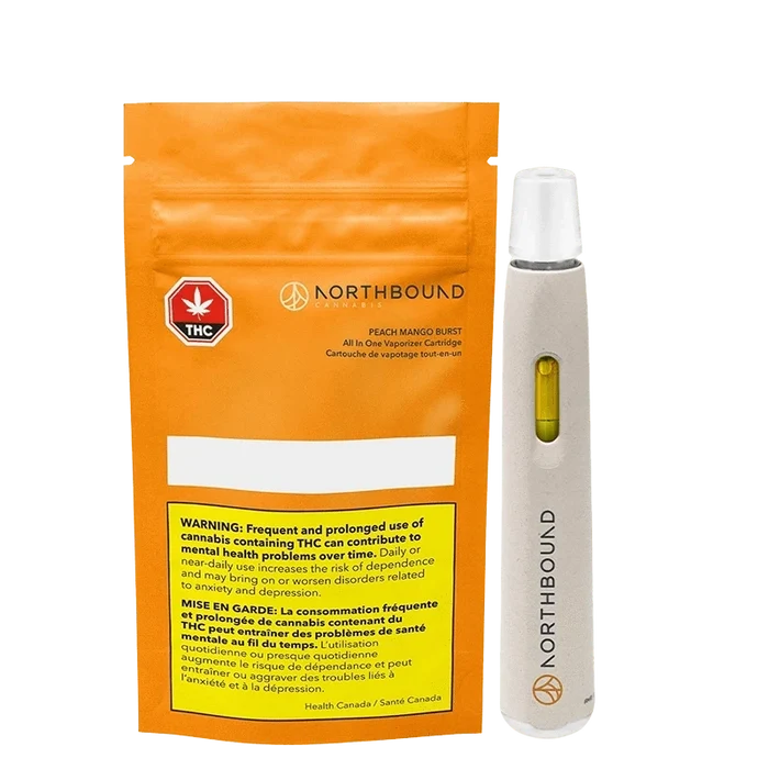 Front view of the Peach Mango Burst AIO Disposable Vape with a warning label, displayed against a white background.