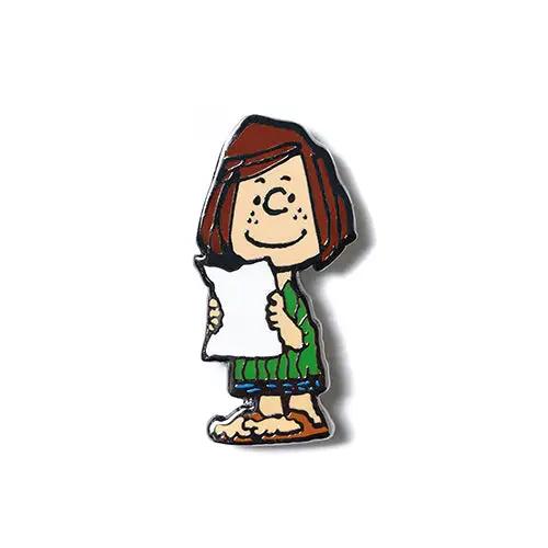 Cartoon girl lapel pin with red-brown bob hair, green top and blue shoes