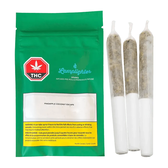 Front view of the Pineapple Coconut Infused Pre Rolled 3 x 0.5 g package with vibrant text on a white background.