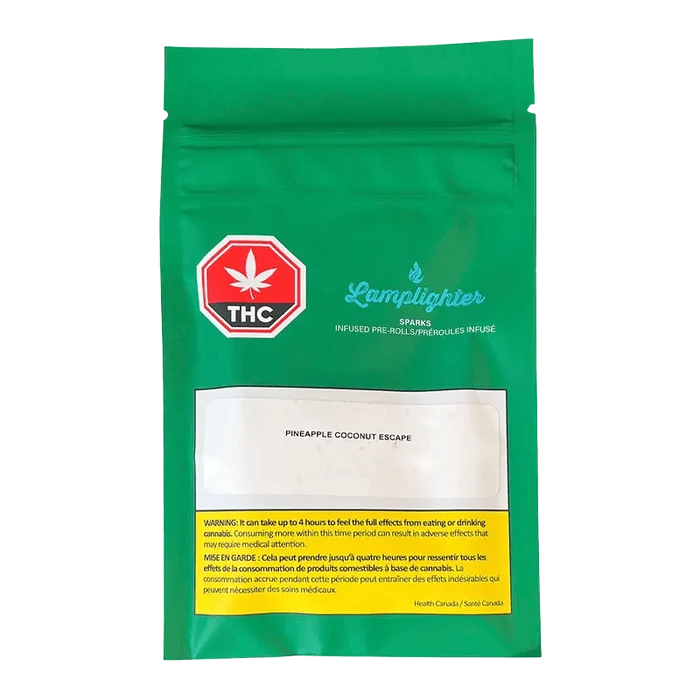Front view of the Pineapple Coconut Infused Pre Rolled 3 x 0.5 g packaging, displaying a bright, branded design on a dark background.
