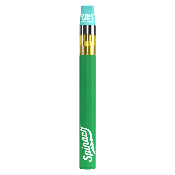 Front view of the Pineapple Paradise AIO Disposable Vape, a silver, cylindrical device against a plain white backdrop.
