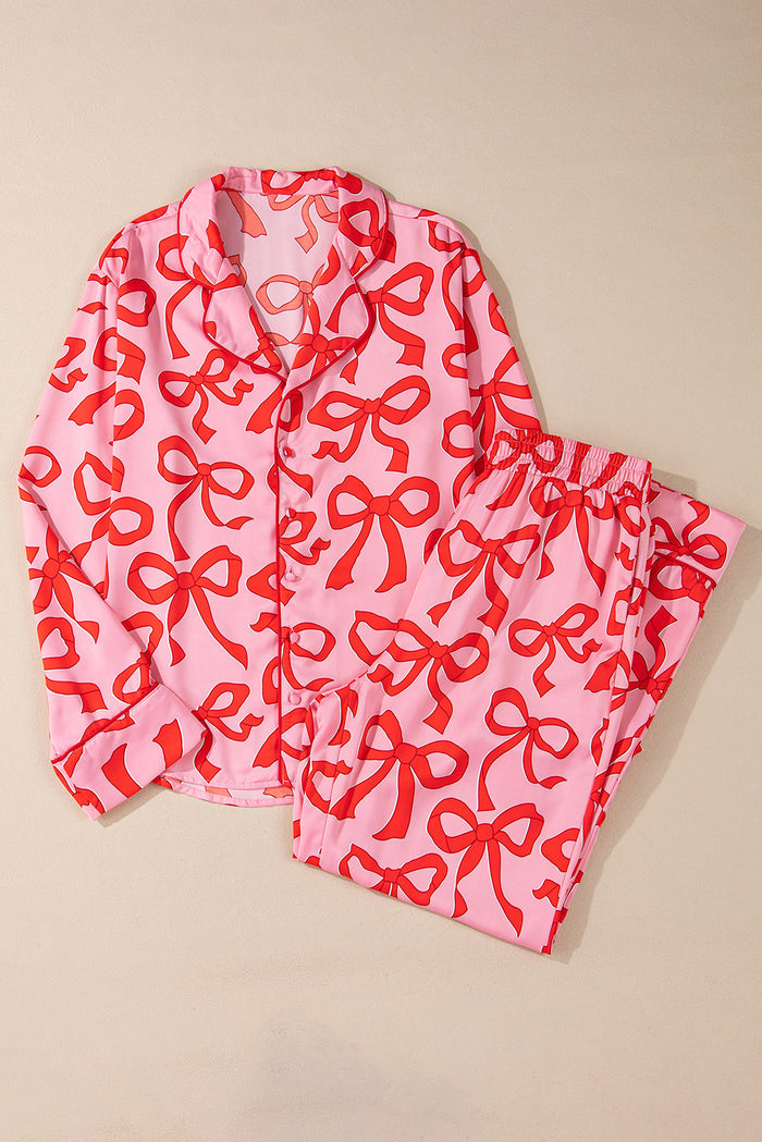 Pink 2pcs Bow Print Shirt Style Long Sleeve Pajama Set 🇺🇸
