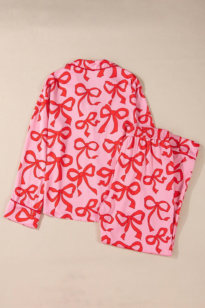 Pink 2pcs Bow Print Shirt Style Long Sleeve Pajama Set 🇺🇸