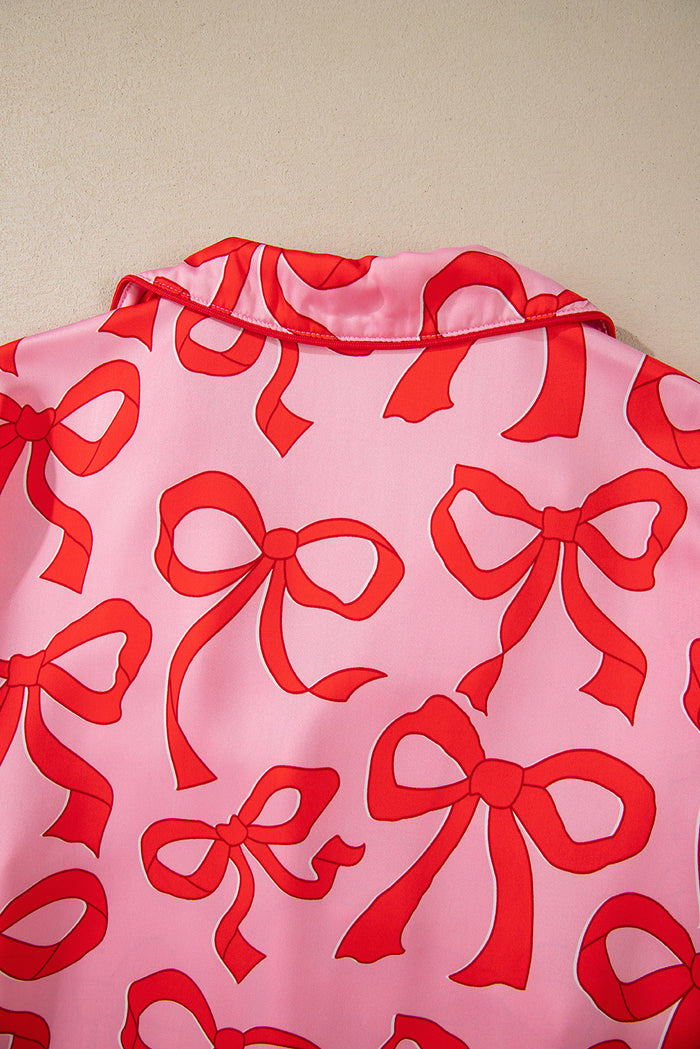 Pink 2pcs Bow Print Shirt Style Long Sleeve Pajama Set 🇺🇸