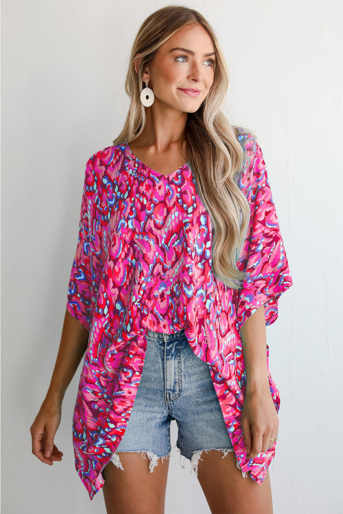 Pink Abstract Print V Neck Half Sleeve Loose Fit Tunic Blouse 🇨🇳