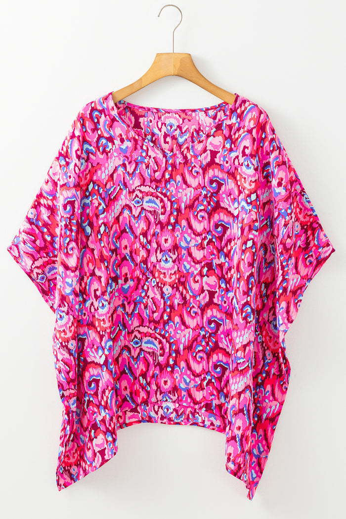 Pink Abstract Print V Neck Half Sleeve Loose Fit Tunic Blouse 🇨🇳