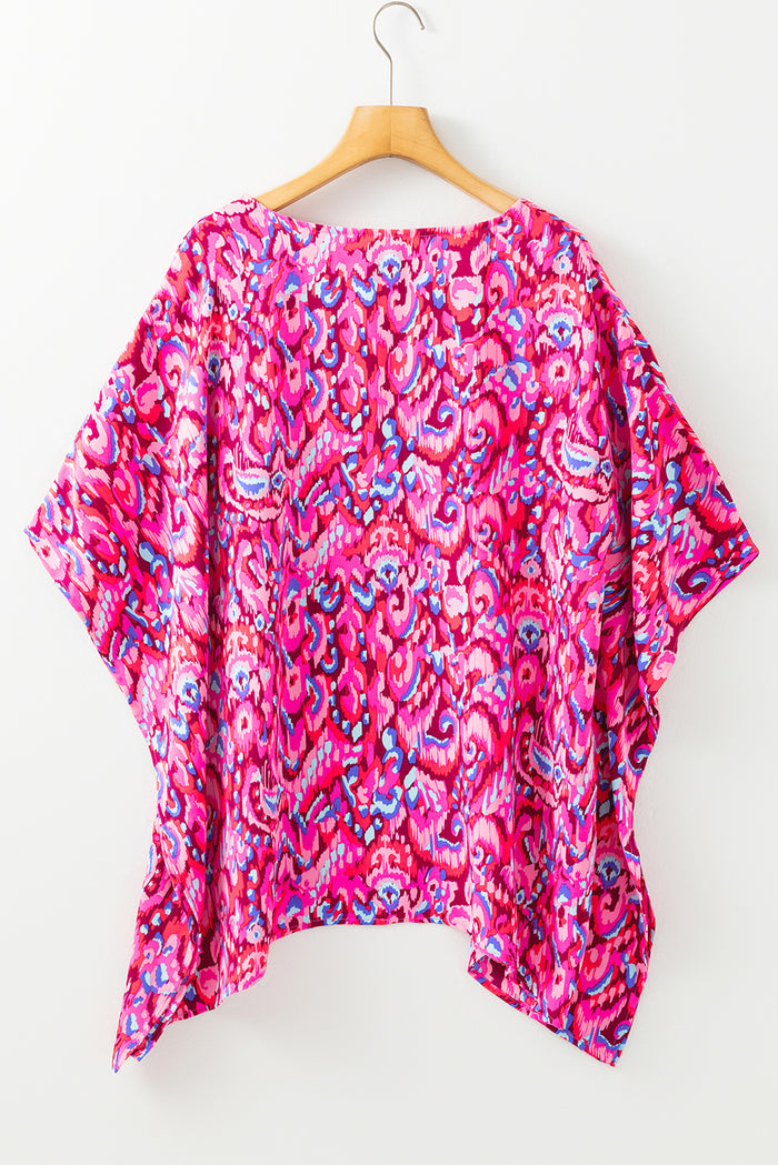 Pink Abstract Print V Neck Half Sleeve Loose Fit Tunic Blouse 🇨🇳