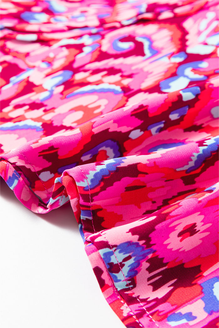Pink Abstract Print V Neck Half Sleeve Loose Fit Tunic Blouse 🇨🇳