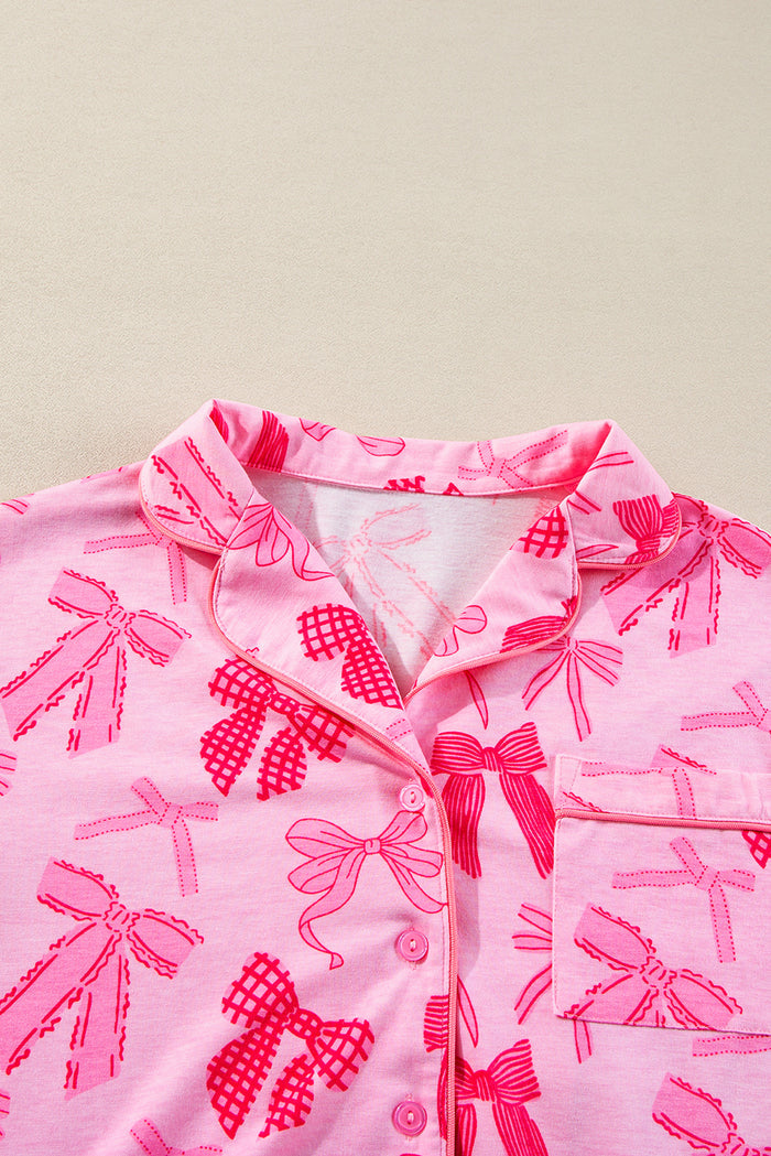 Pink Bow Knot Print Lapel Collar Short Sleeve and Pants Pajamas Set 🇺🇸