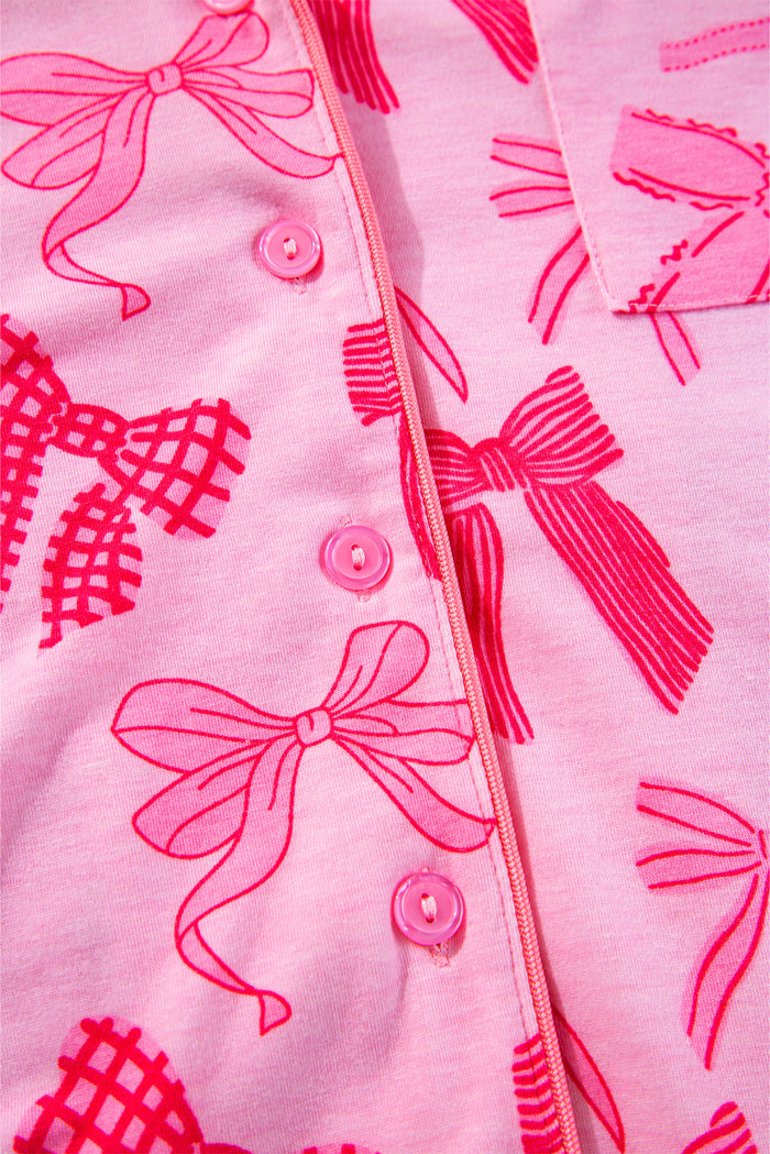 Pink Bow Knot Print Lapel Collar Short Sleeve and Pants Pajamas Set 🇺🇸