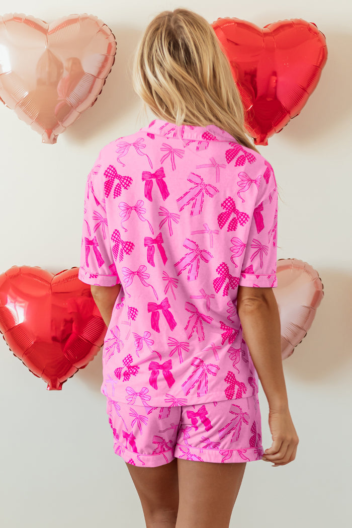 Pink Bow Print Half Sleeve Shirt and Shorts Pajamas Set 🇺🇸