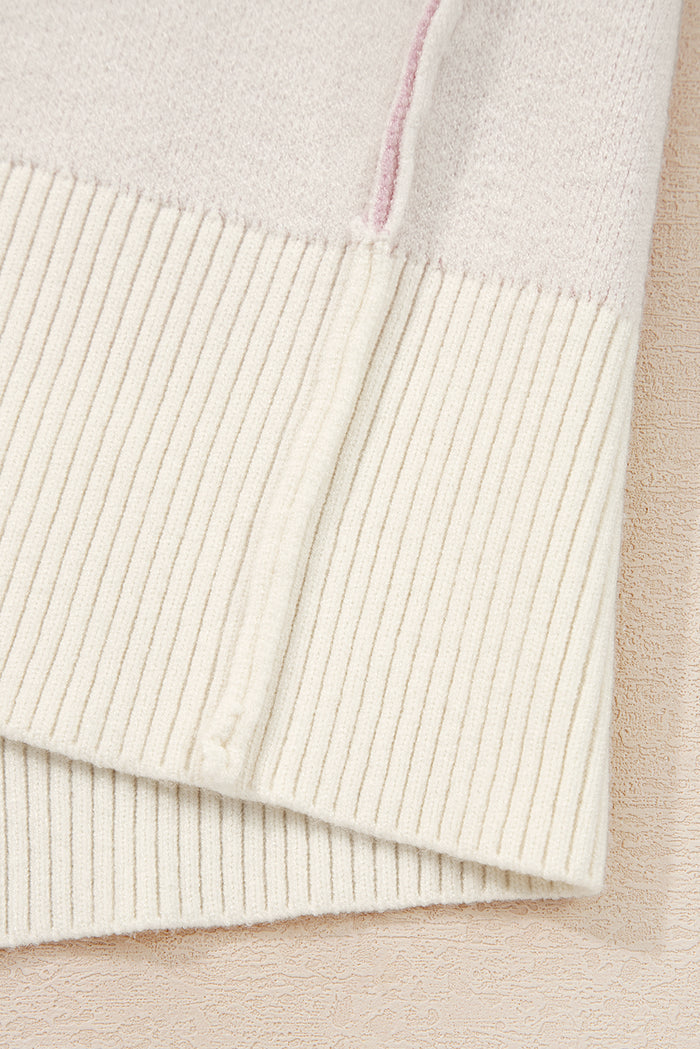 Pink Bow Print Ribbed Trim Exposed Seam Drop Shoulder Loose Sweater 🇺🇸