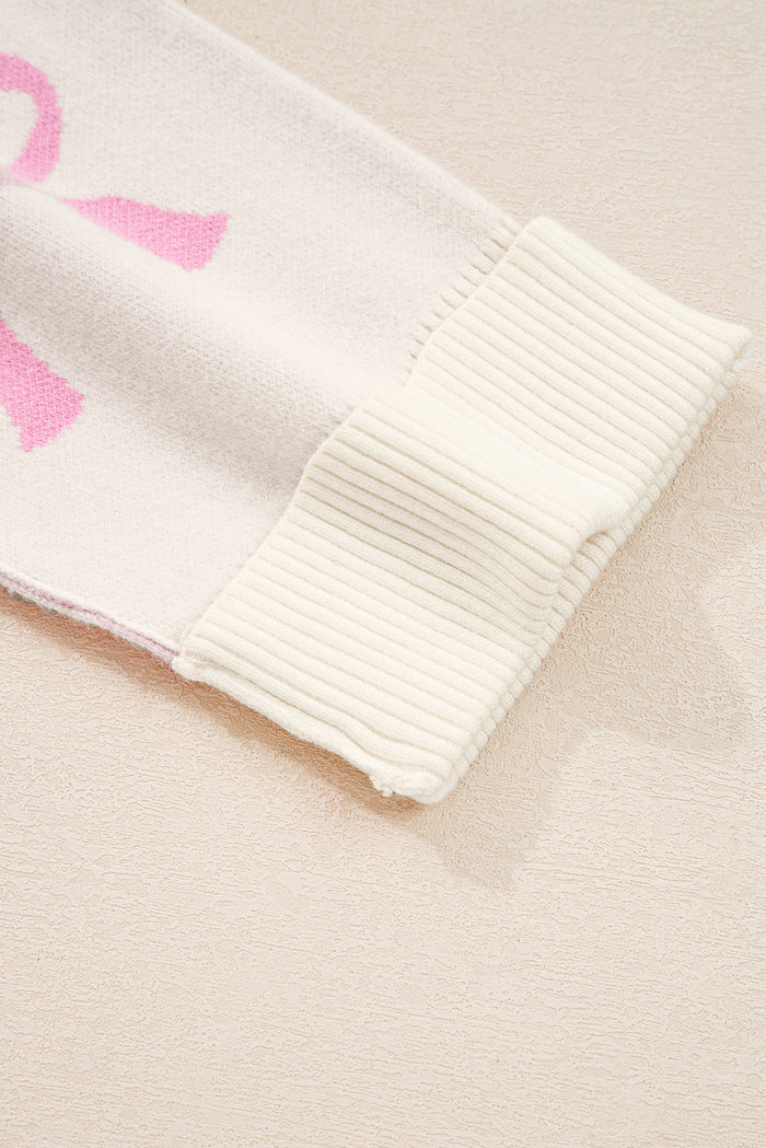 Pink Bow Print Ribbed Trim Exposed Seam Drop Shoulder Loose Sweater 🇺🇸