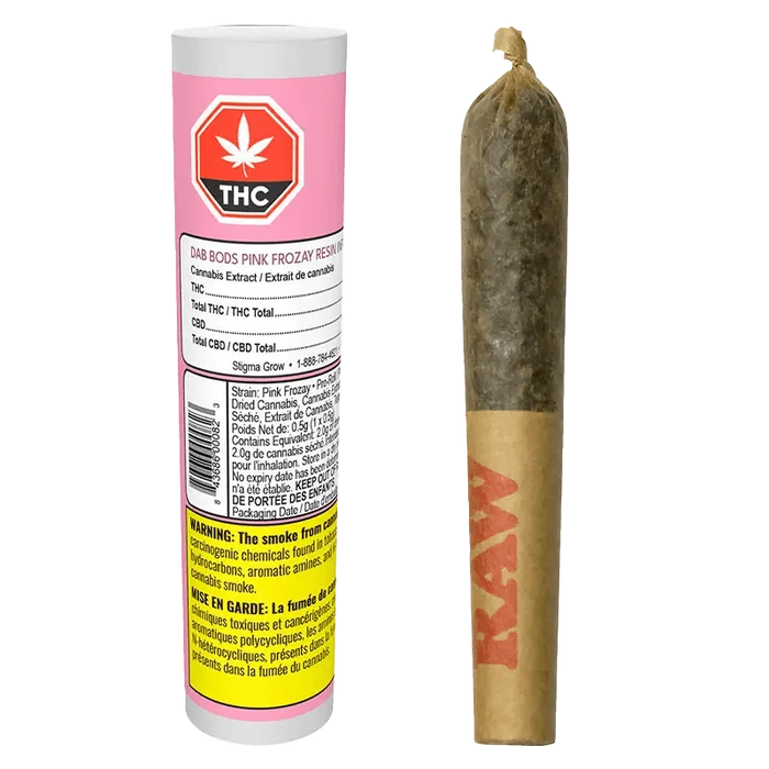Close-up of Pink Frozay Resin Infused Pre Rolled 1 x 0.5 g with a dark background and white labeling.