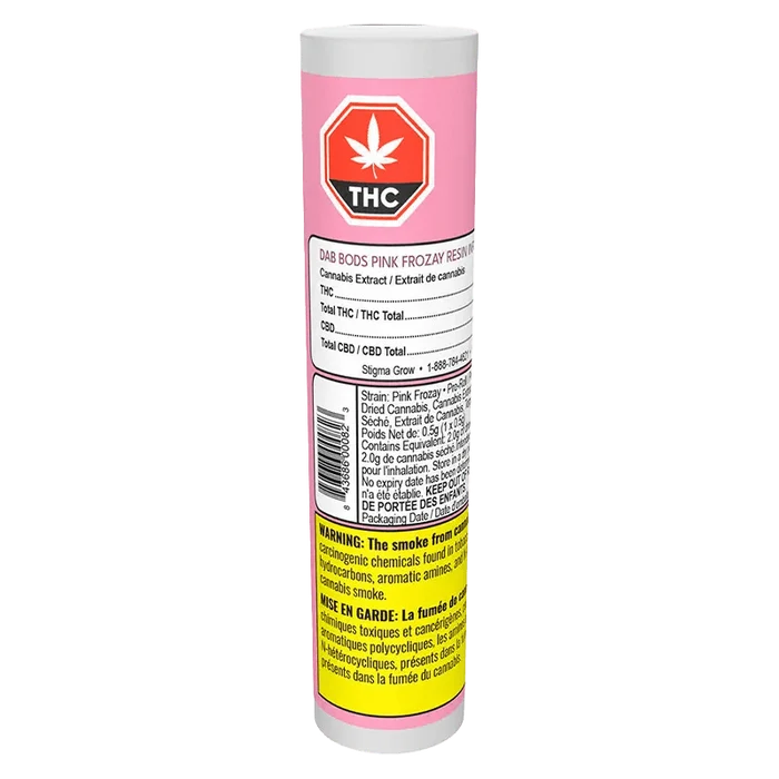 Front view of the Pink Frozay Resin Infused Pre Rolled 1 x 0.5 g package, with warnings and details in French.
