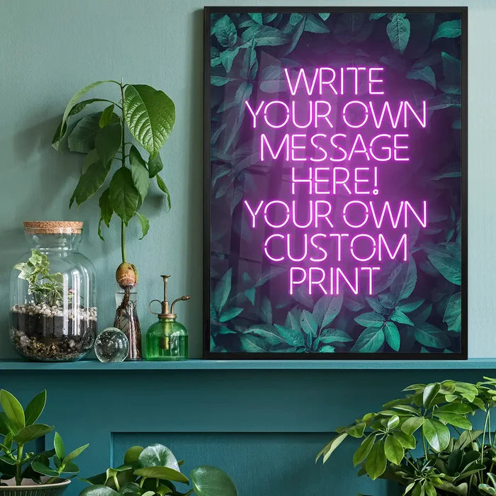 Pink Neon Centered Leaves Print, personalised print black framed on a living room shelf