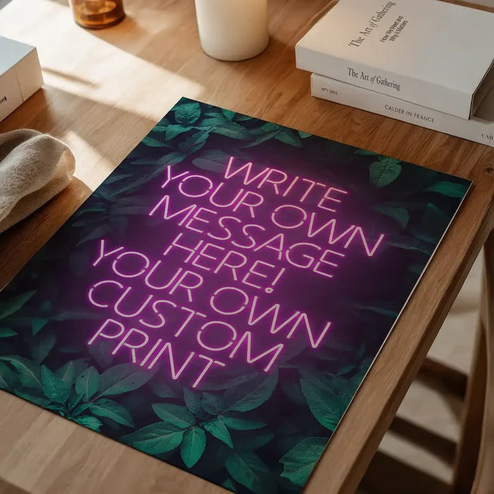 Pink Neon Centered Leaves Print, personalised print unframed on a home office desk