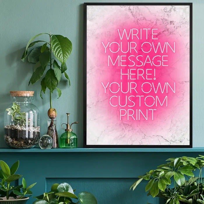 Pink Neon Centered White Print, personalised print black framed on a living room shelf