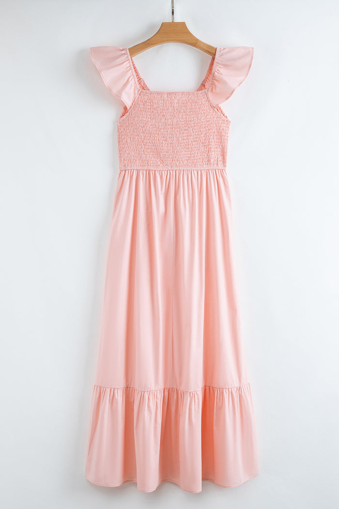 Pink V Neck Flutter Sleeve Smocked Bodice High Waist Ruffle Maxi Dress 🇨🇳