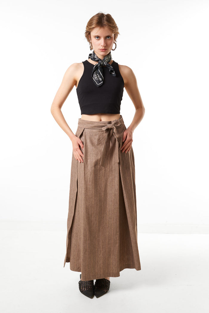 Pinstripe wrap front tie waist maxi skirt wholesale