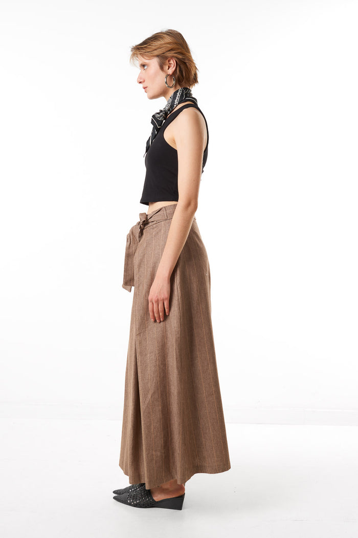 Pinstripe wrap front tie waist maxi skirt wholesale