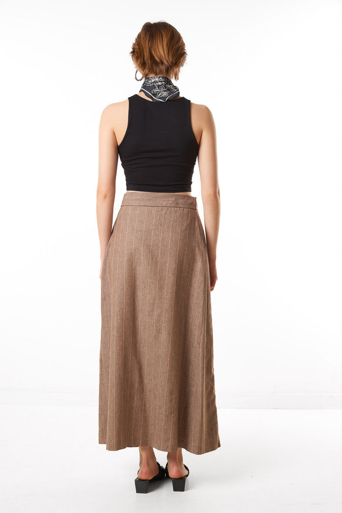 Pinstripe wrap front tie waist maxi skirt wholesale