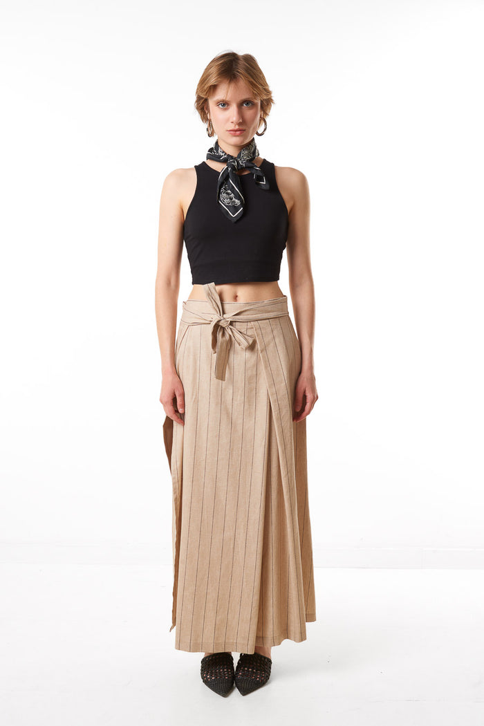 Pinstripe wrap front tie waist maxi skirt wholesale