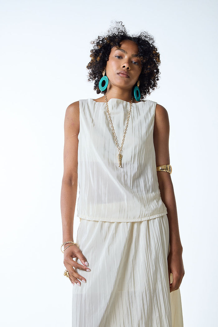 Pleated high neck sleeveless relaxed fit top wholesale