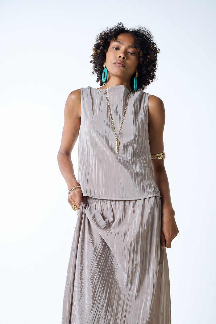 Pleated high neck sleeveless relaxed fit top wholesale