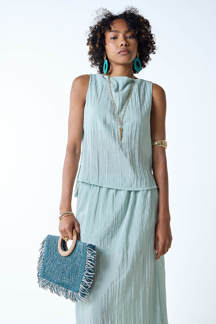 Pleated high neck sleeveless relaxed fit top wholesale