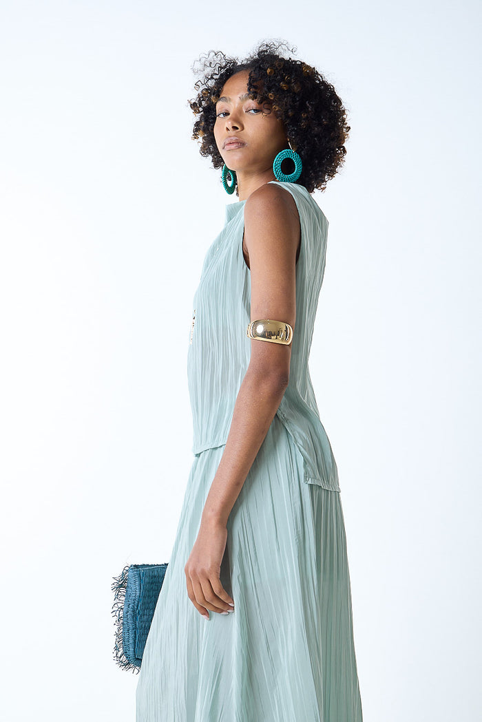 Pleated high neck sleeveless relaxed fit top wholesale