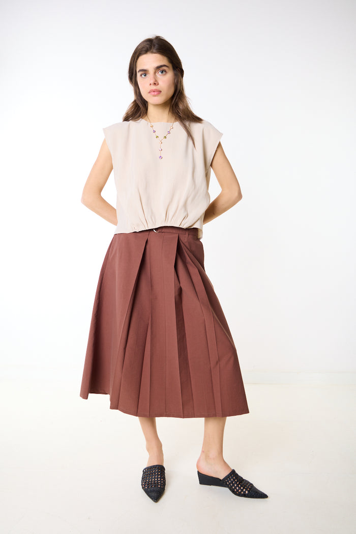 Pleated high waist structured midi skirt wholesale