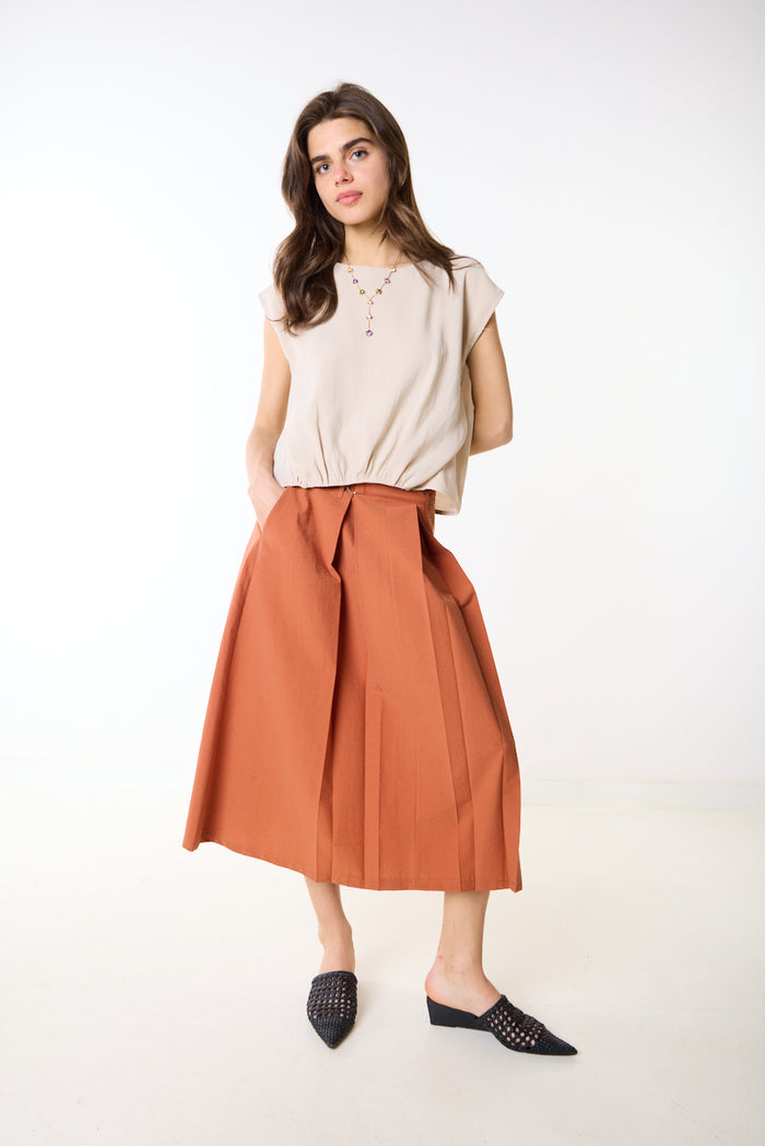 Pleated high waist structured midi skirt wholesale