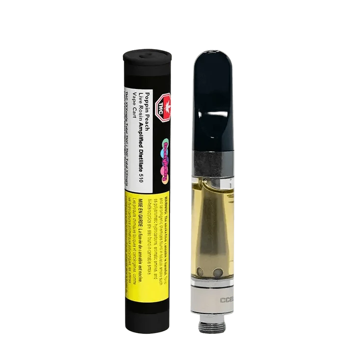 A close-up, angled view of Poppin Peach Diamonds & Sauce, showcasing a clear container with crystalline cannabis concentrates.