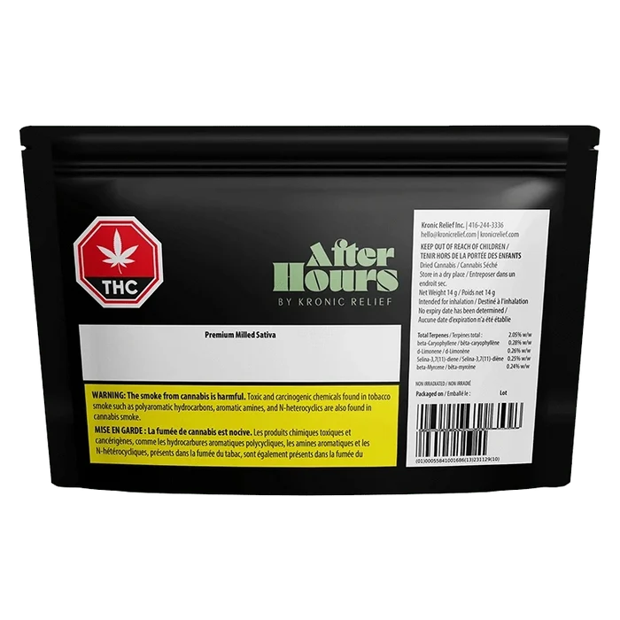 Front view of the Premium Milled package, featuring bold text and cannabis leaf graphics on a dark background.