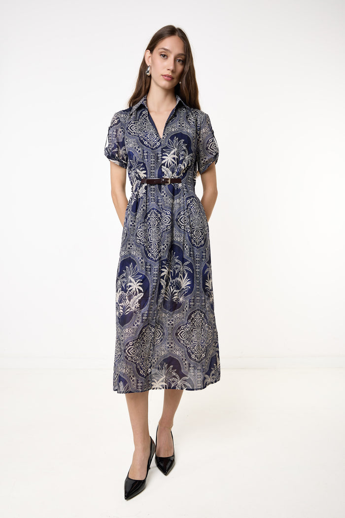 Printed belted midi dress wholesale
