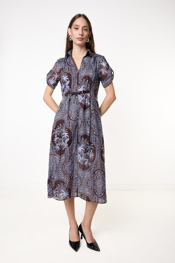 Printed belted midi dress wholesale