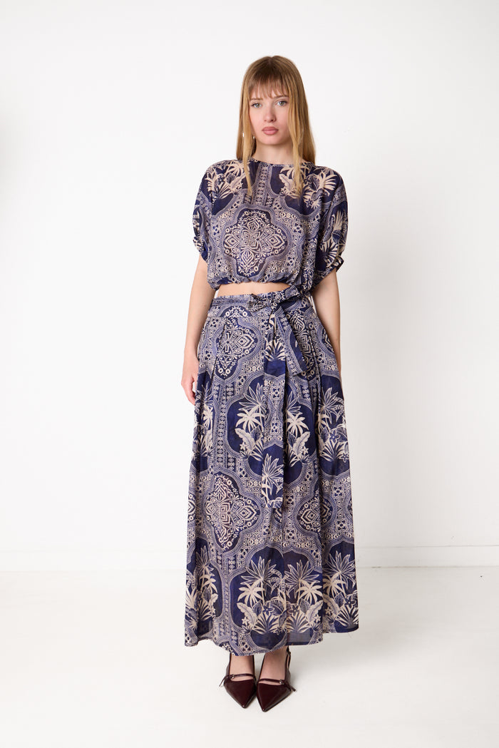 Printed flowy maxi skirt with waist tie detail wholesale