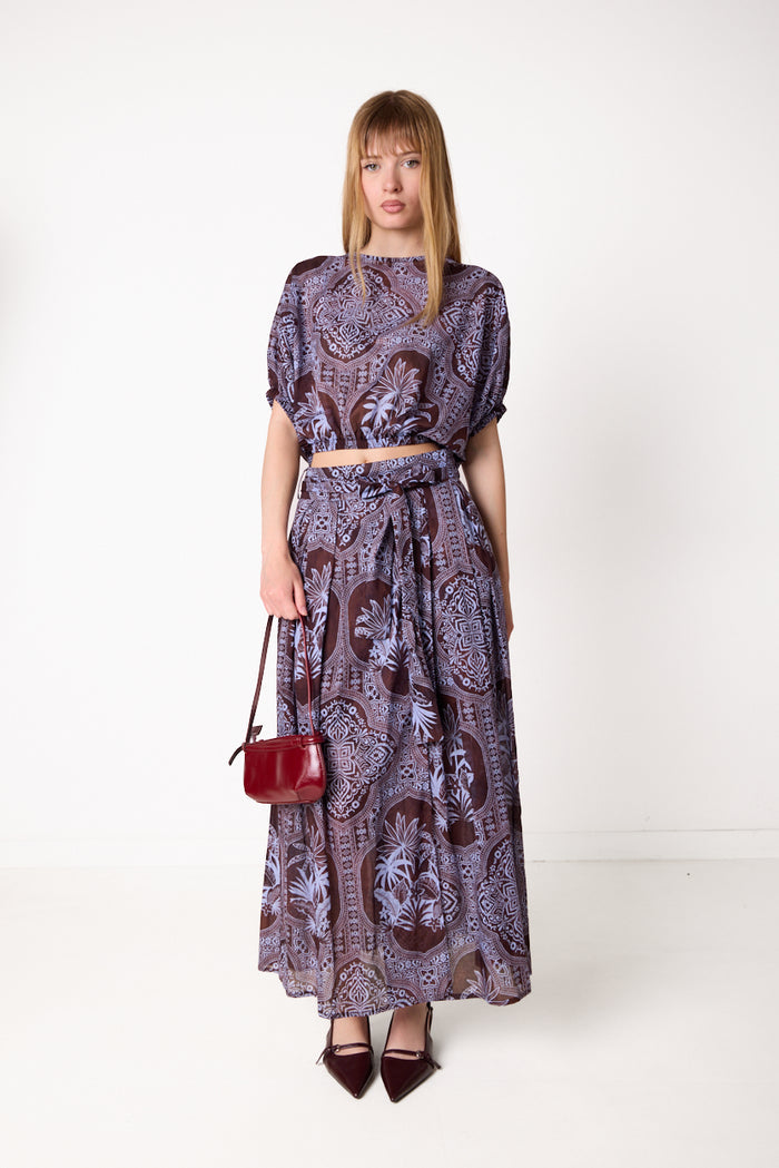 Printed flowy maxi skirt with waist tie detail wholesale