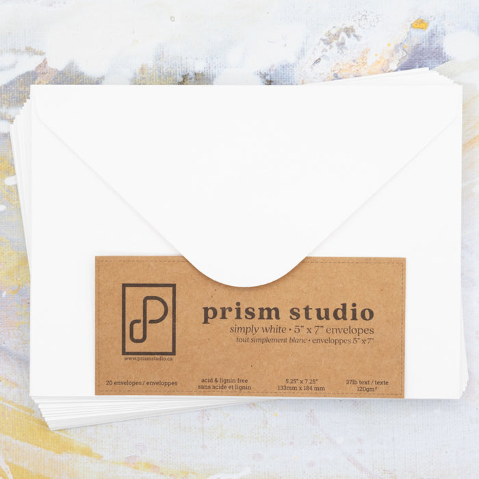 Prism Studio - Envelopes - 5" x 7" (20 pc). 20 bright white, V-style envelopes 32lb. Acid and lignin-free. Available at Embellish Away in Bowmanville Ontario Canada.
