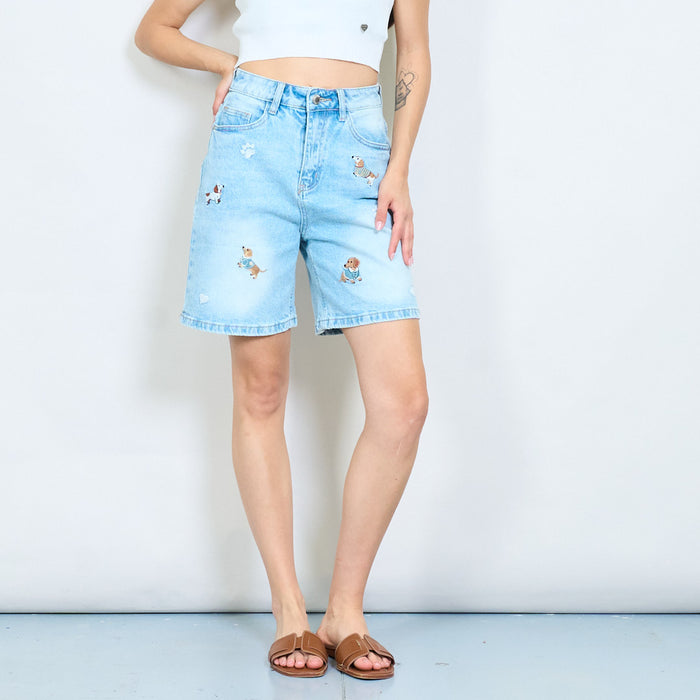 Puppy embroidered washed denim bermuda shorts wholesale