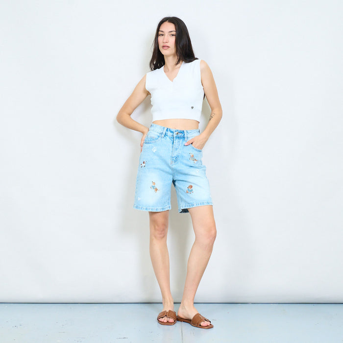 Puppy embroidered washed denim bermuda shorts wholesale