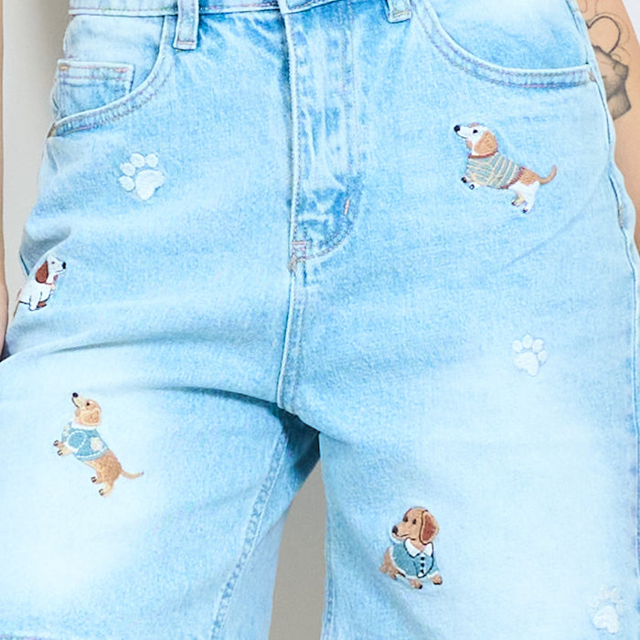 Puppy embroidered washed denim bermuda shorts wholesale
