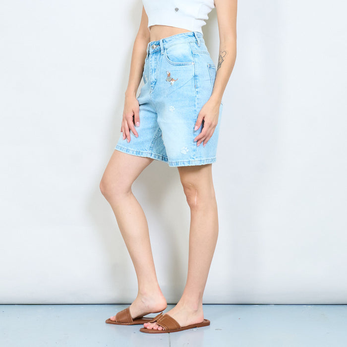 Puppy embroidered washed denim bermuda shorts wholesale