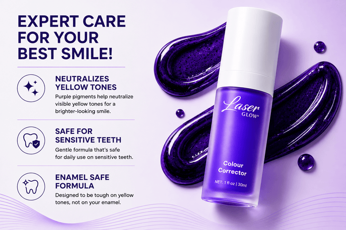 Purple toothpaste color corrector for yellow tones