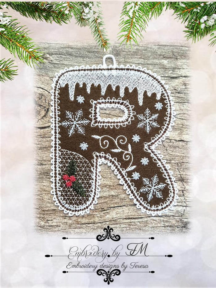 R gingerbread alphabet/5x7 hoop/combination of felt and lace