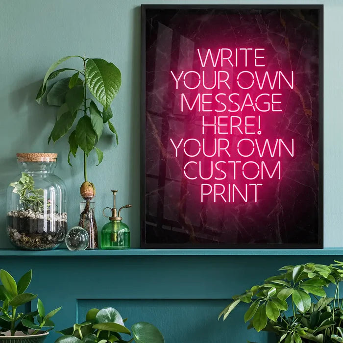 Red Neon Centered Black and Gold Print, personalised print black framed on a living room shelf