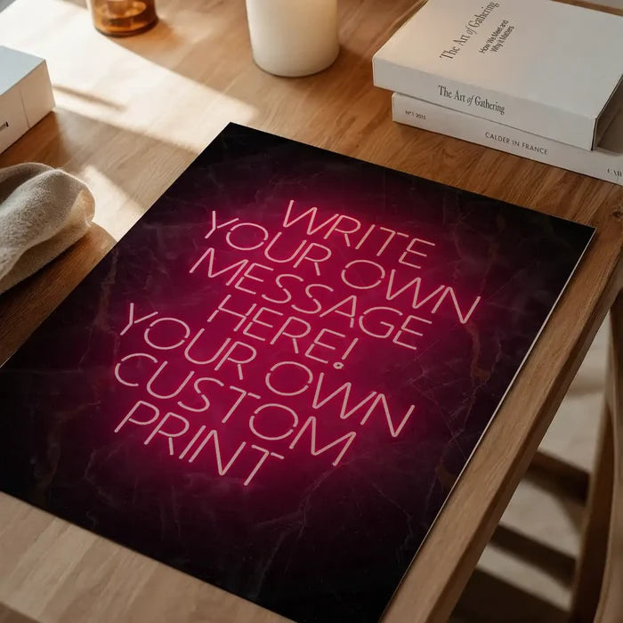 Red Neon Centered Black and Gold Print, personalised print unframed on a home office desk